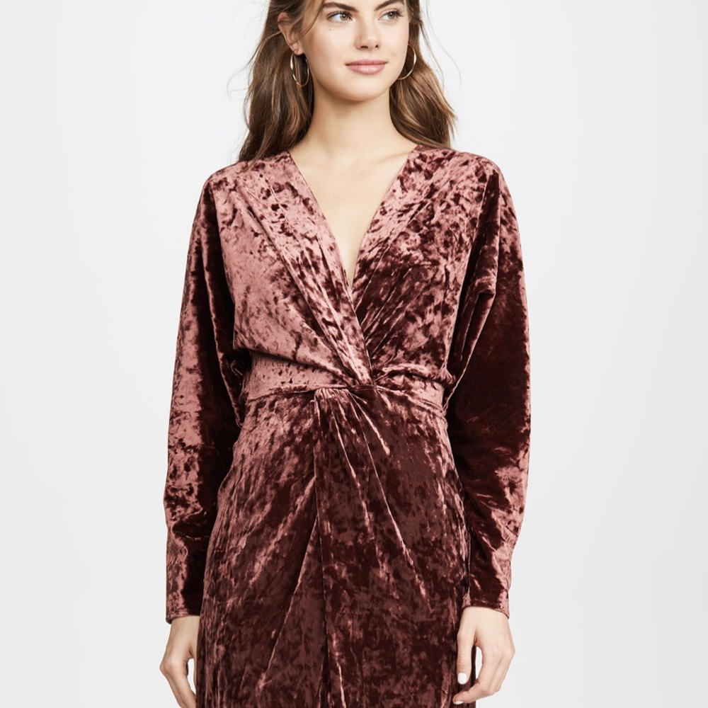 WAYF Twist Front Midi Dress Mahogany Velvet L NWOT